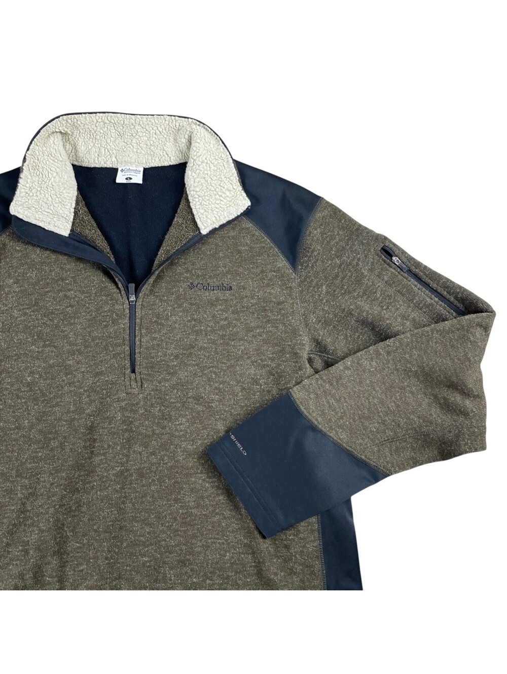 Columbia Men's Large Tech fleece Pullover Sherpa Lined Collar Omni-Shade Brown